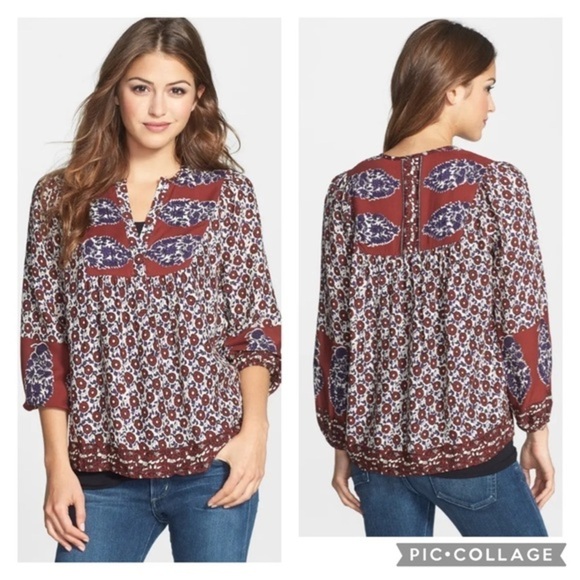 NWOT Lucky Brand Annabelle Mixed Print Peasant Top - Picture 1 of 8